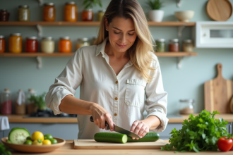 Femme en lin coupant des concombres frais dans la cuisine