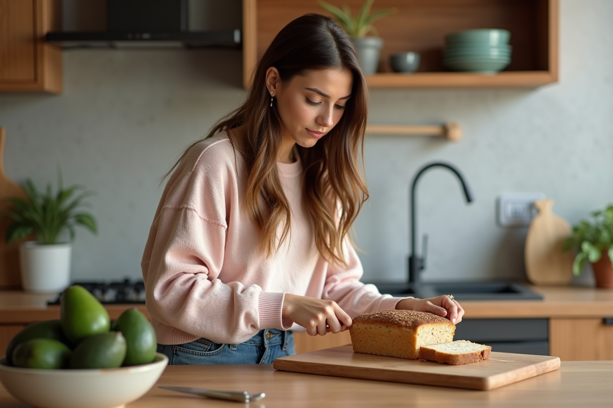 Femme tranchant pain keto dans cuisine chaleureuse