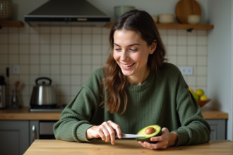 Femme en cuisine coupe un avocat mûr avec curiosite