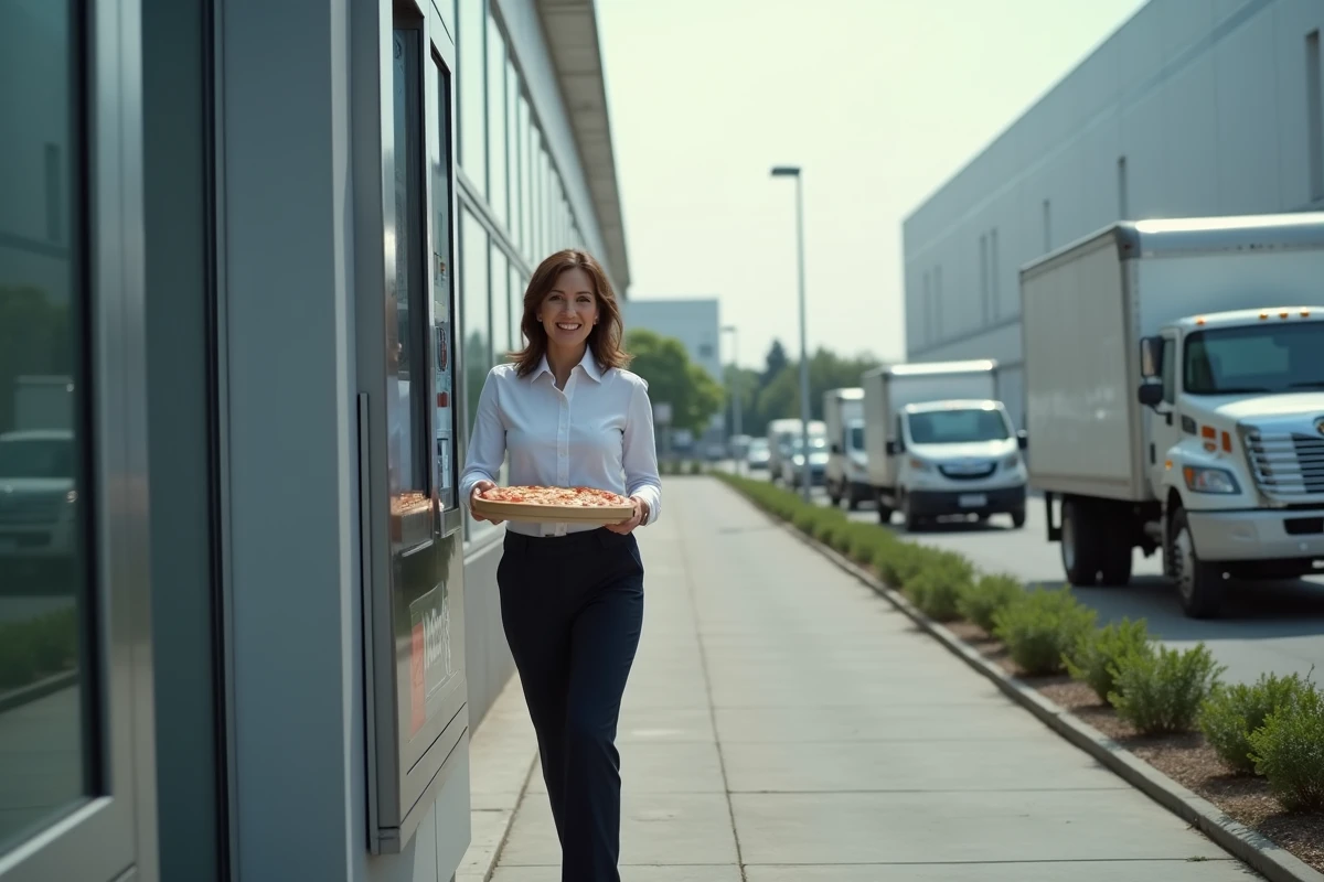 Femme souriante récupérant une pizza dans un distributeur en extérieur
