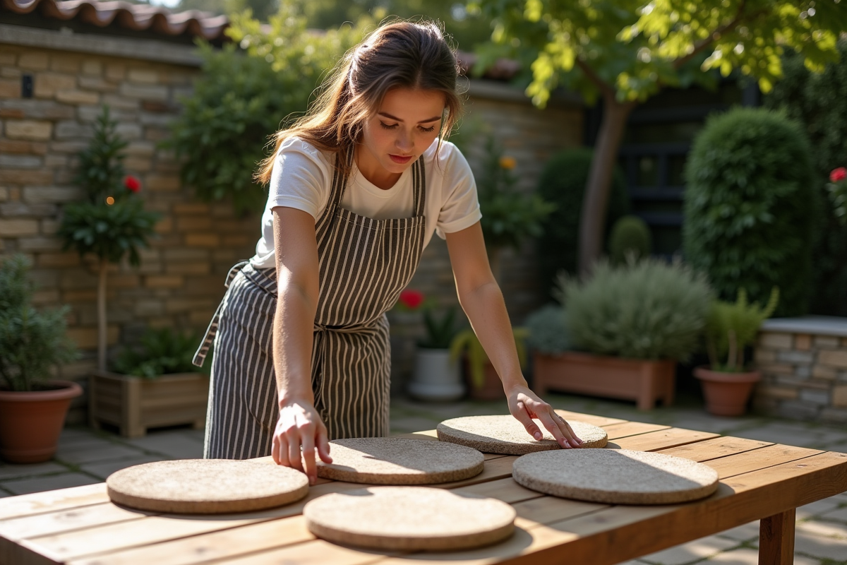 Jeune femme examinant des pierres à pizza sur une table extérieure