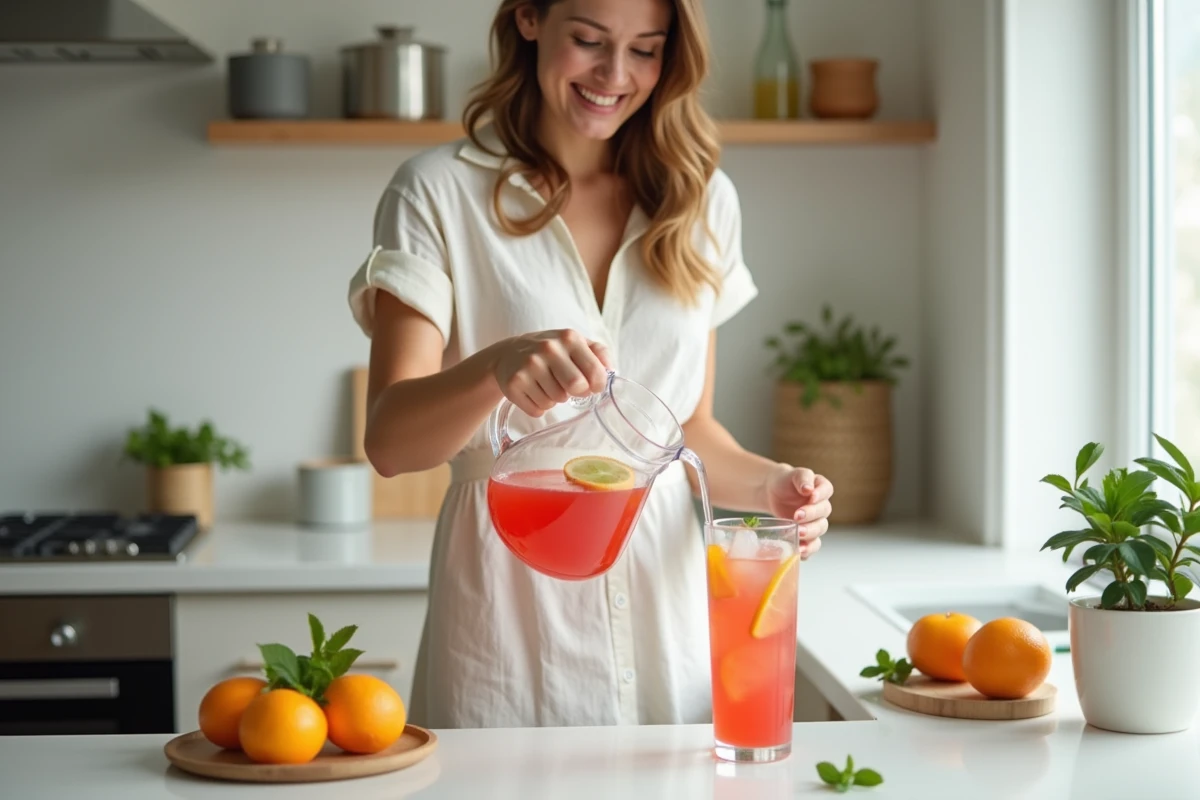 Femme versant du punch aux fruits frais dans un verre dans une cuisine moderne et lumineuse