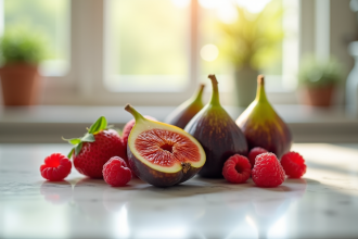 Figues fraiches fraises et framboises sur un plan de travail en marbre
