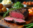 Filet mignon tranché sur planche en bois avec légumes