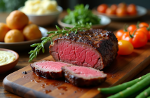 Filet mignon tranché sur planche en bois avec légumes