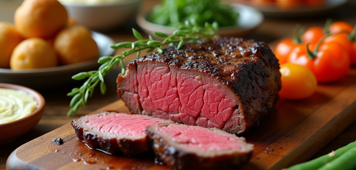 Filet mignon tranché sur planche en bois avec légumes