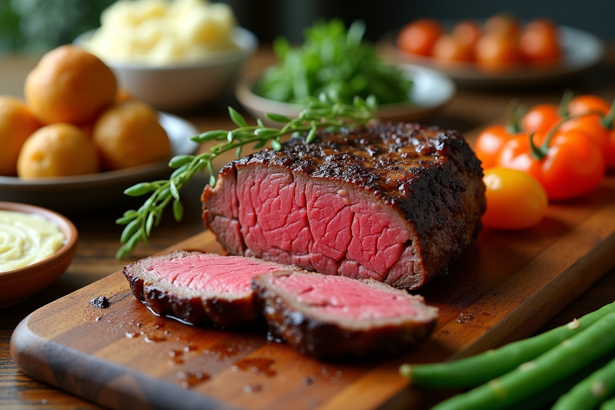 Filet mignon tranché sur planche en bois avec légumes
