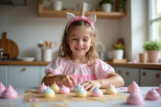 Jeune fille souriante en robe pastel avec un serre-tête licorne, préparant des meringues colorées