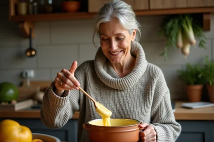 Femme dégustant une fondue au fromage dans une cuisine chaleureuse