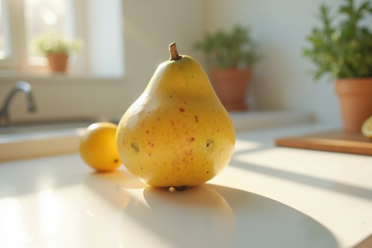 Fruit exotique entier sur comptoir blanc au matin