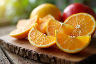 Fruits exotiques tranchés sur planche en bois lumineux