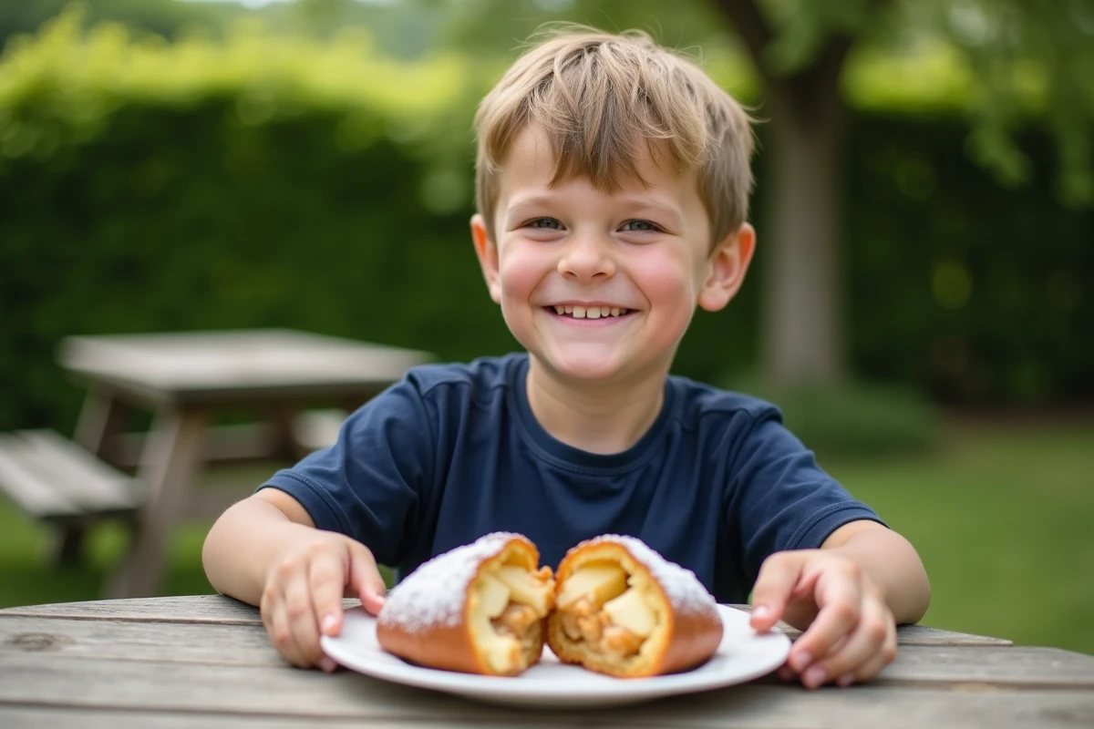 Garçon souriant dégustant un beignet aux pommes en extérieur