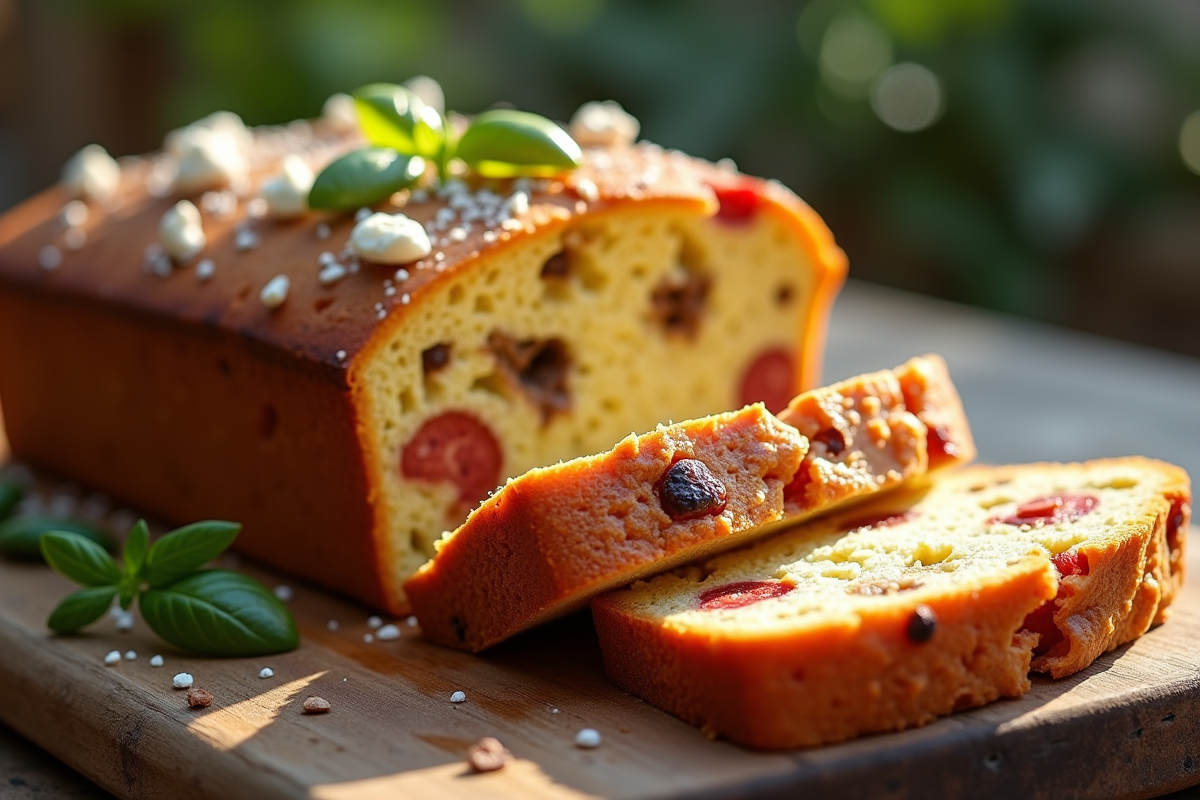 Gâteau aux chorizo et feta tranché sur table en bois