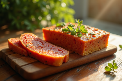 Gâteau de chorizo tranché avec herbes sous lumière naturelle