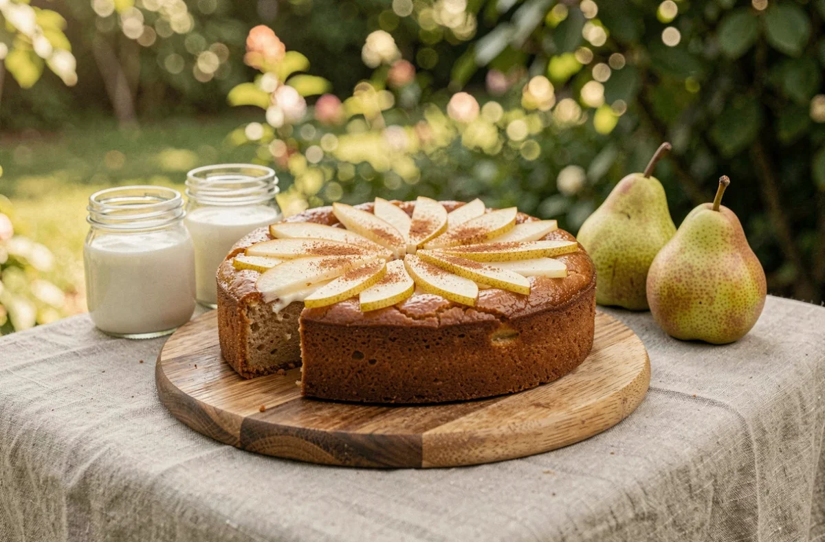 Gâteau poire yaourt entier sur plateau en bois dans un cadre de jardin avec des poires fraîches en décoration