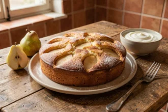 Gâteau poire yaourt express avec des tranches de poires caramélisées sur une table en bois rustique
