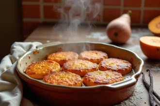 Gâteaux à la patate douce sortis du four dans un plat en céramique rustique, avec gousses de vanille et patate douce coupée en décor