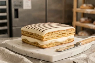 Mille-feuille avec glaçage fondant lisse et décor en chocolat sur marbre blanc de pâtisserie professionnelle