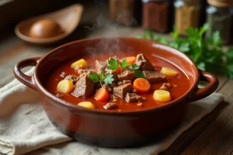 Bol de goulash hongrois maison servi en cocotte avec bœuf tendre, carottes et pommes de terre dans un bouillon au paprika