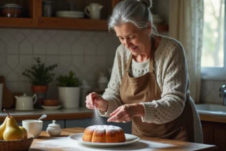 Grand-mère saupoudrant du sucre sur un gâteau aux poires
