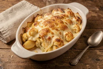 Gratin de chou fleur et pommes de terre doré dans un plat en céramique ovale avec croûte croustillante