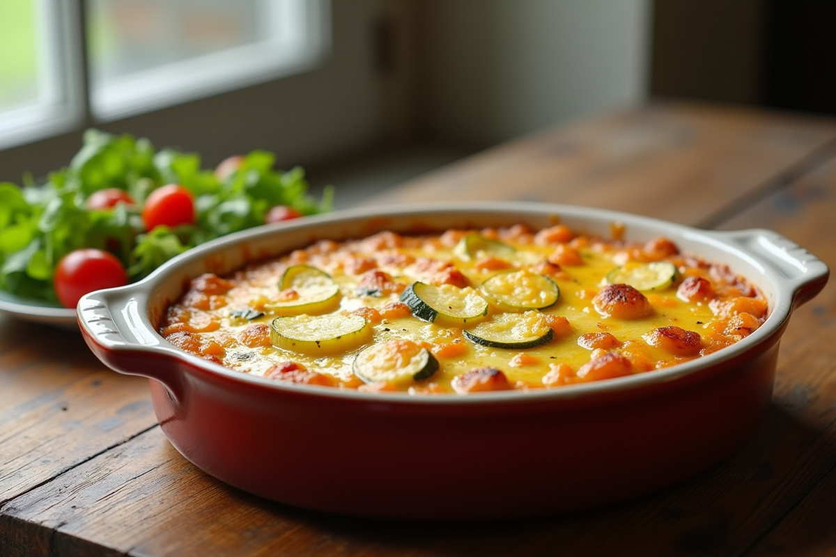Gratin de courgettes et pommes de terre doré dans un plat en céramique