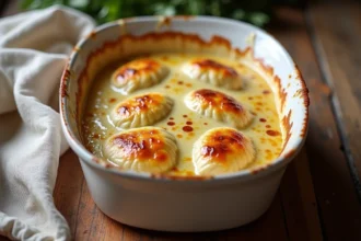 Gratin d'endives au jambon et sauce béchamel dorée dans un plat en céramique sur une table en bois rustique