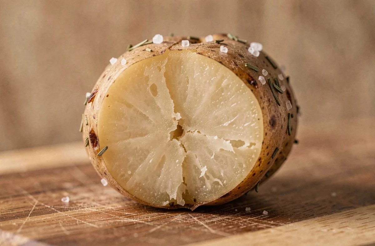 Gros plan sur une pomme de terre rôtie coupée en deux avec une croûte dorée croustillante et un intérieur moelleux