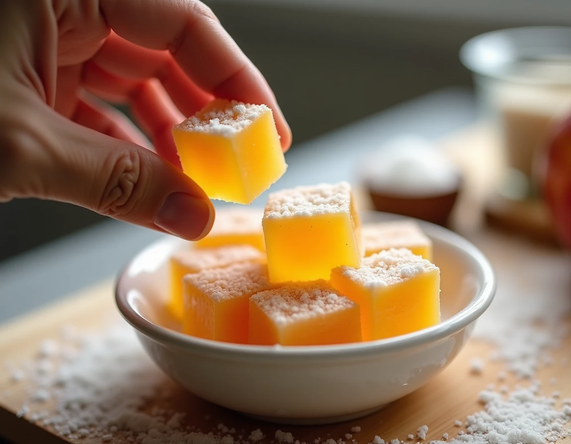 Gros plan de cubes de pâte de fruit à la pomme roulés dans le sucre cristallisé tenus entre les doigts avec texture translucide dorée visible