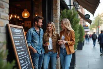 Groupe divers d'adultes devant un restaurant urbain