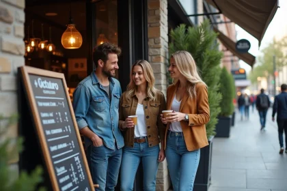 Groupe divers d'adultes devant un restaurant urbain