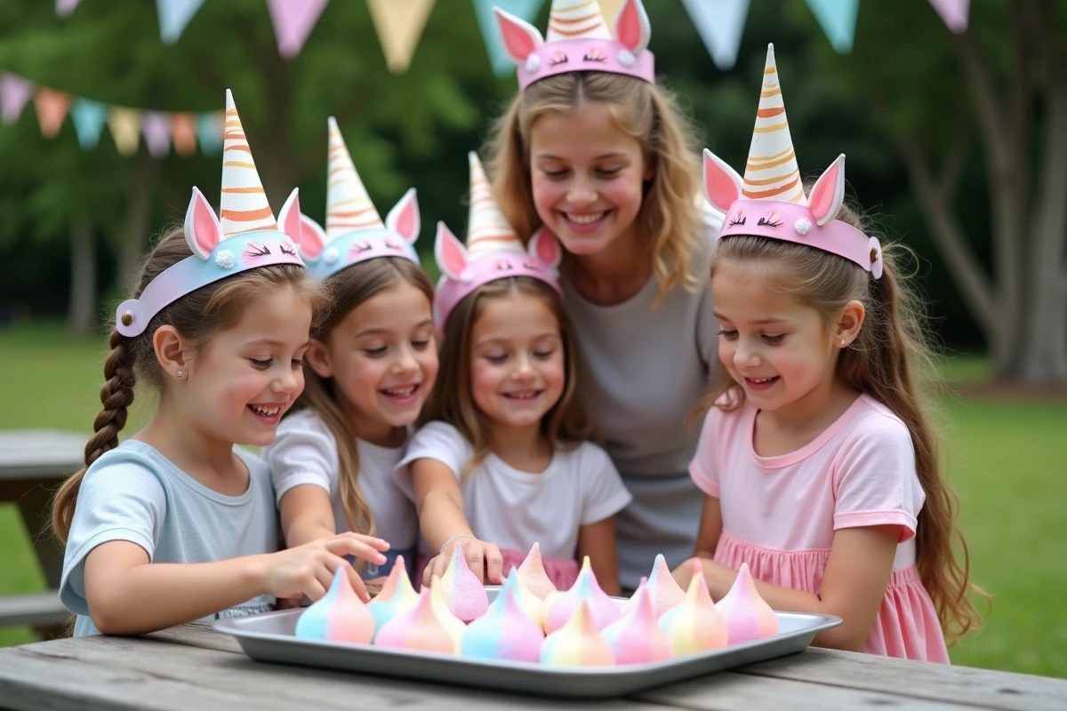 Enfants et adulte admirant des meringues arc-en-ciel lors d’un pique-nique en plein air