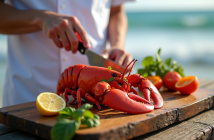 Chef préparant un homard frais sur une table en bord de mer