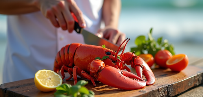 Chef préparant un homard frais sur une table en bord de mer