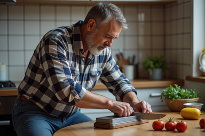 Homme d'âge moyen affûtant un couteau dans la cuisine