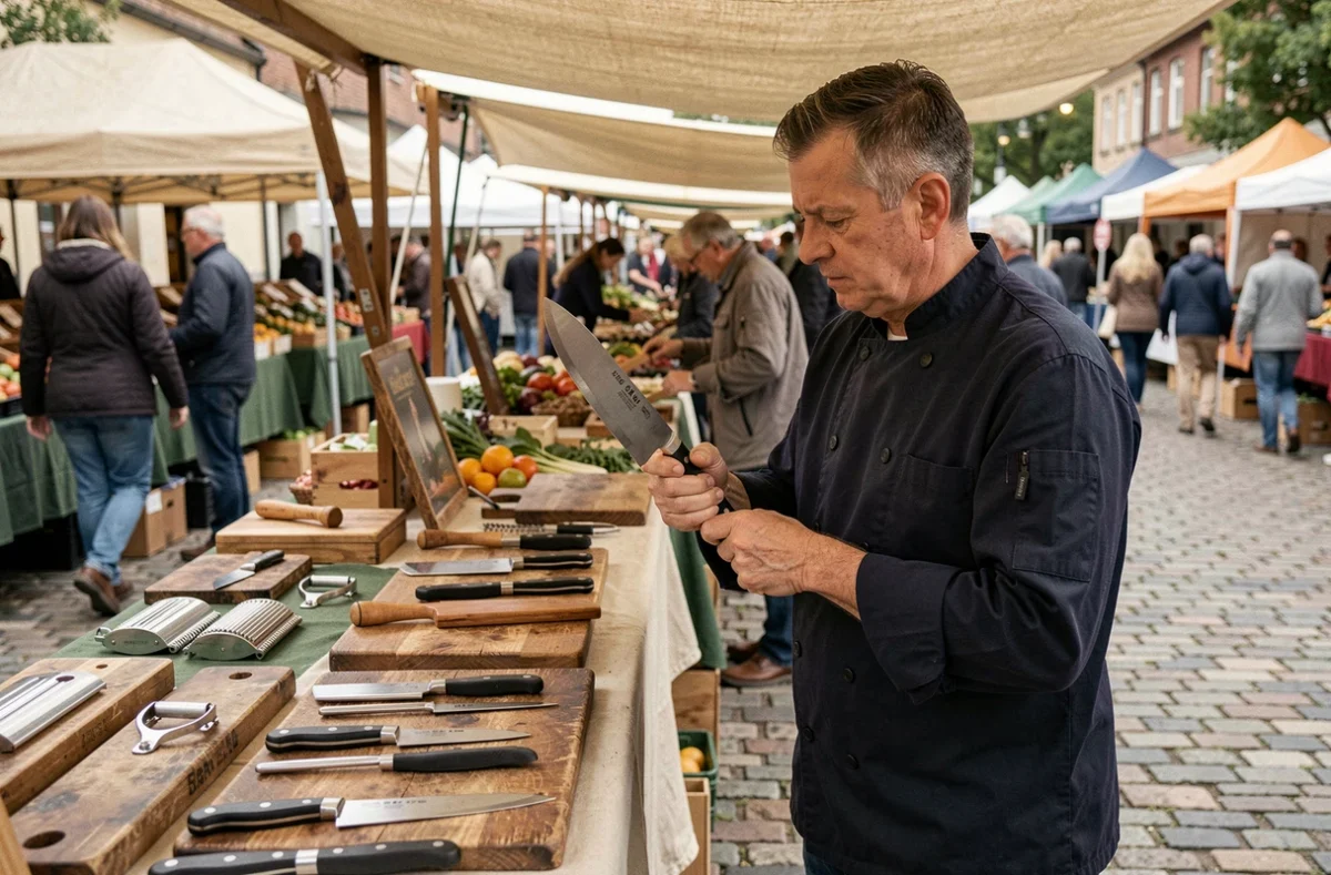 Homme comparant des couteaux de chef professionnels sur un marché en plein air