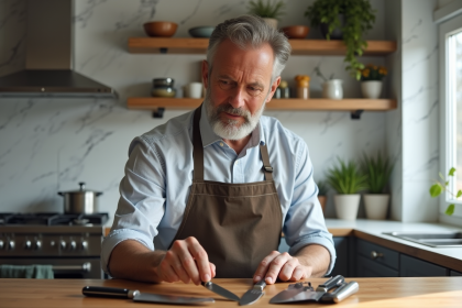 Homme d'âge moyen examinant des couteaux de cuisine dans une cuisine moderne