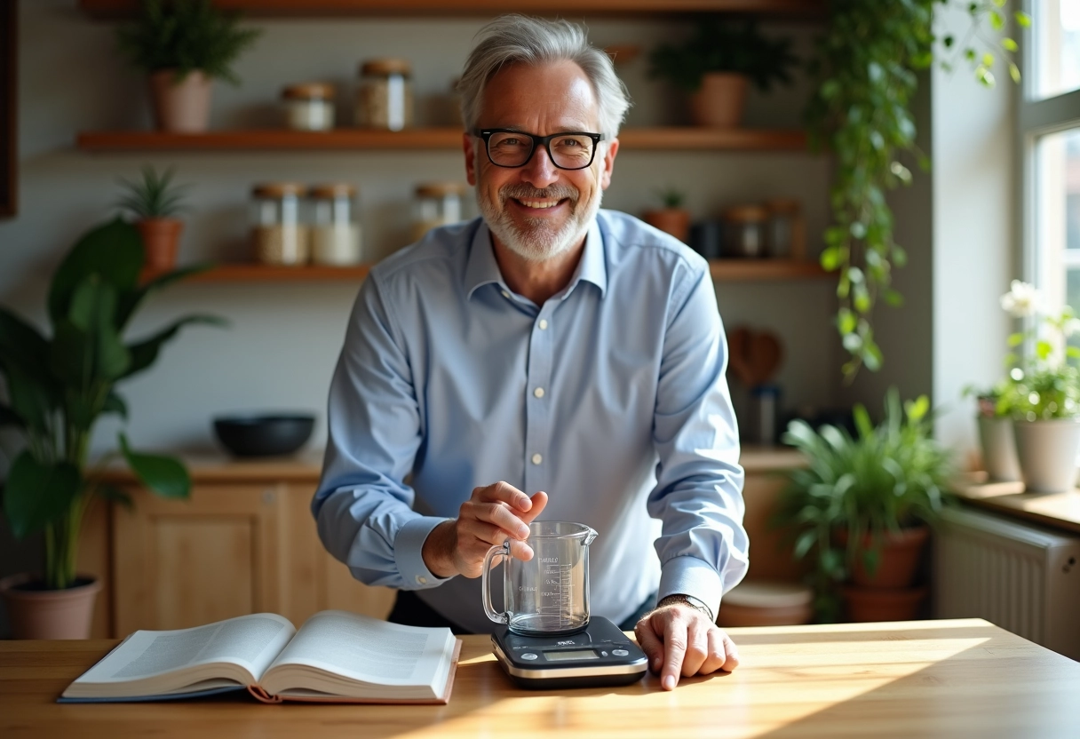 Homme expliquant les mesures avec un becher dans la cuisine