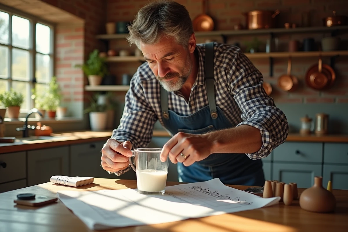 Homme versant du lait dans un pichet dans une cuisine rustique