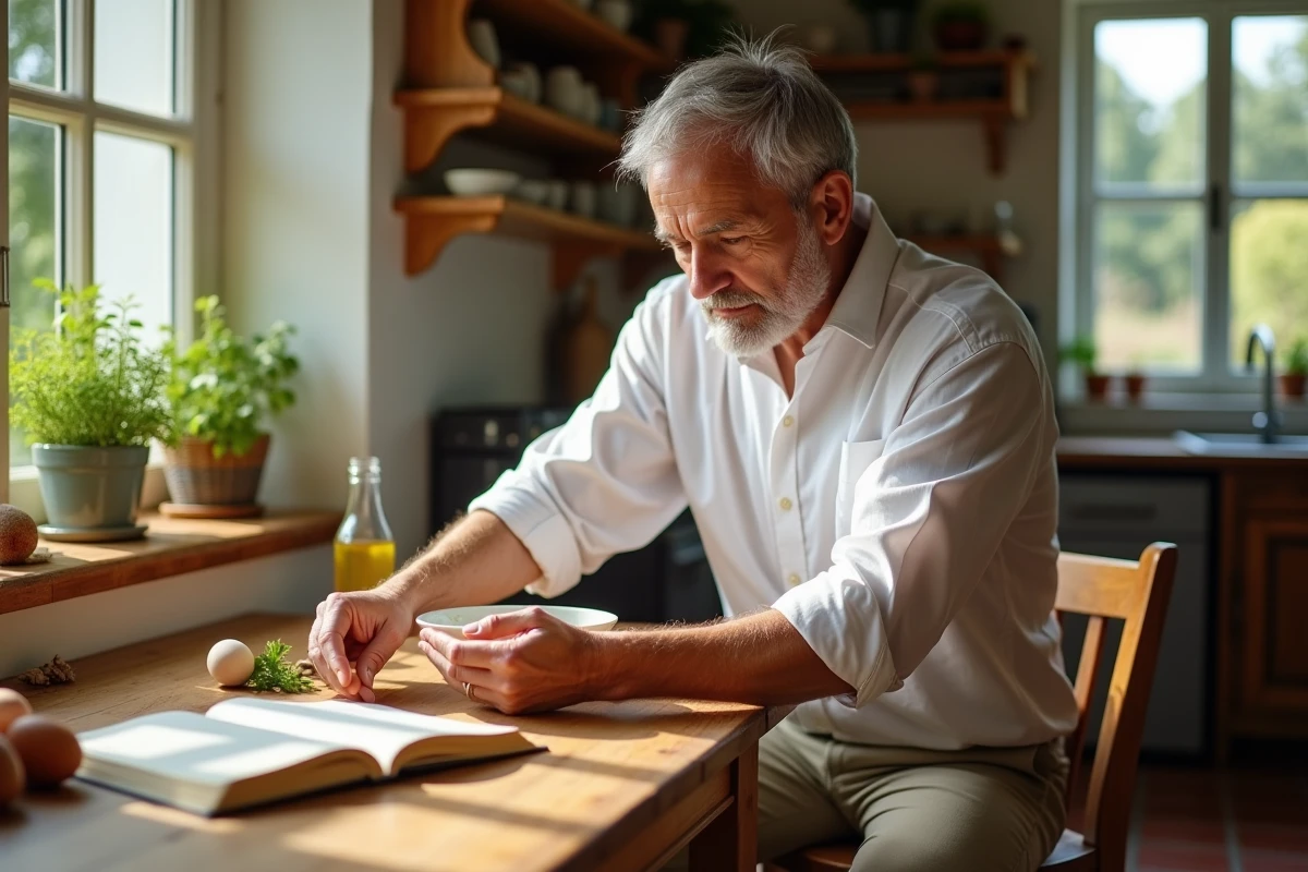 Homme en chemise blanche montrant la technique de mayonnaise dans la cuisine