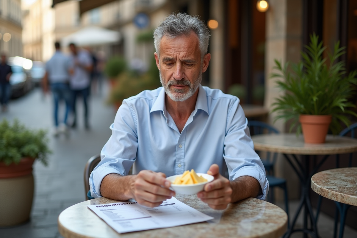 Homme dégustant du fromage en terrasse de café