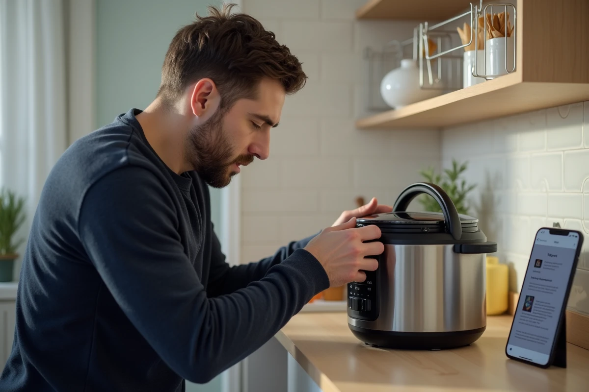Homme inspectant la soupape et le joint du Cookeo pour diagnostiquer une erreur de fonctionnement