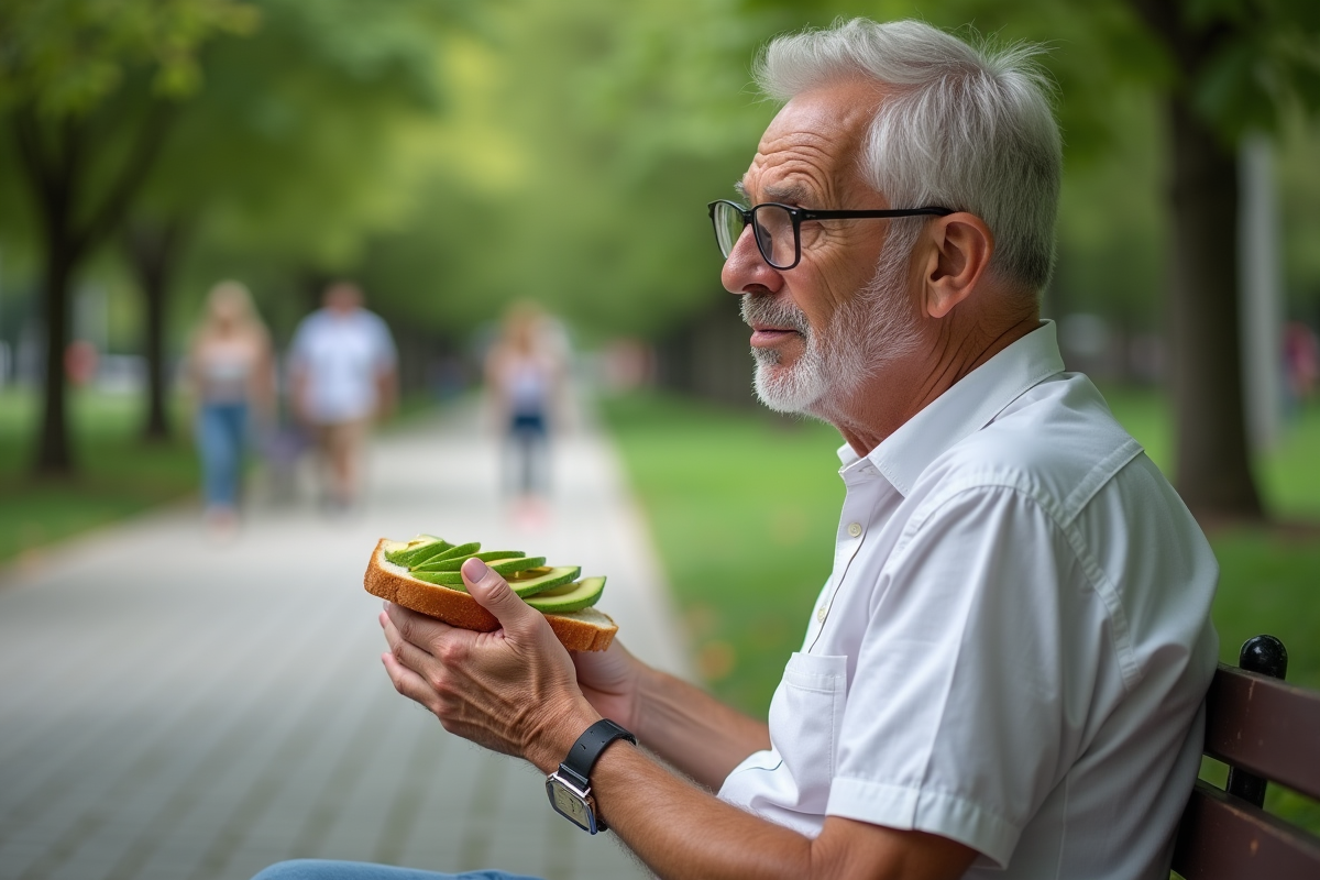 Homme age mange un sandwich avec avocat au parc