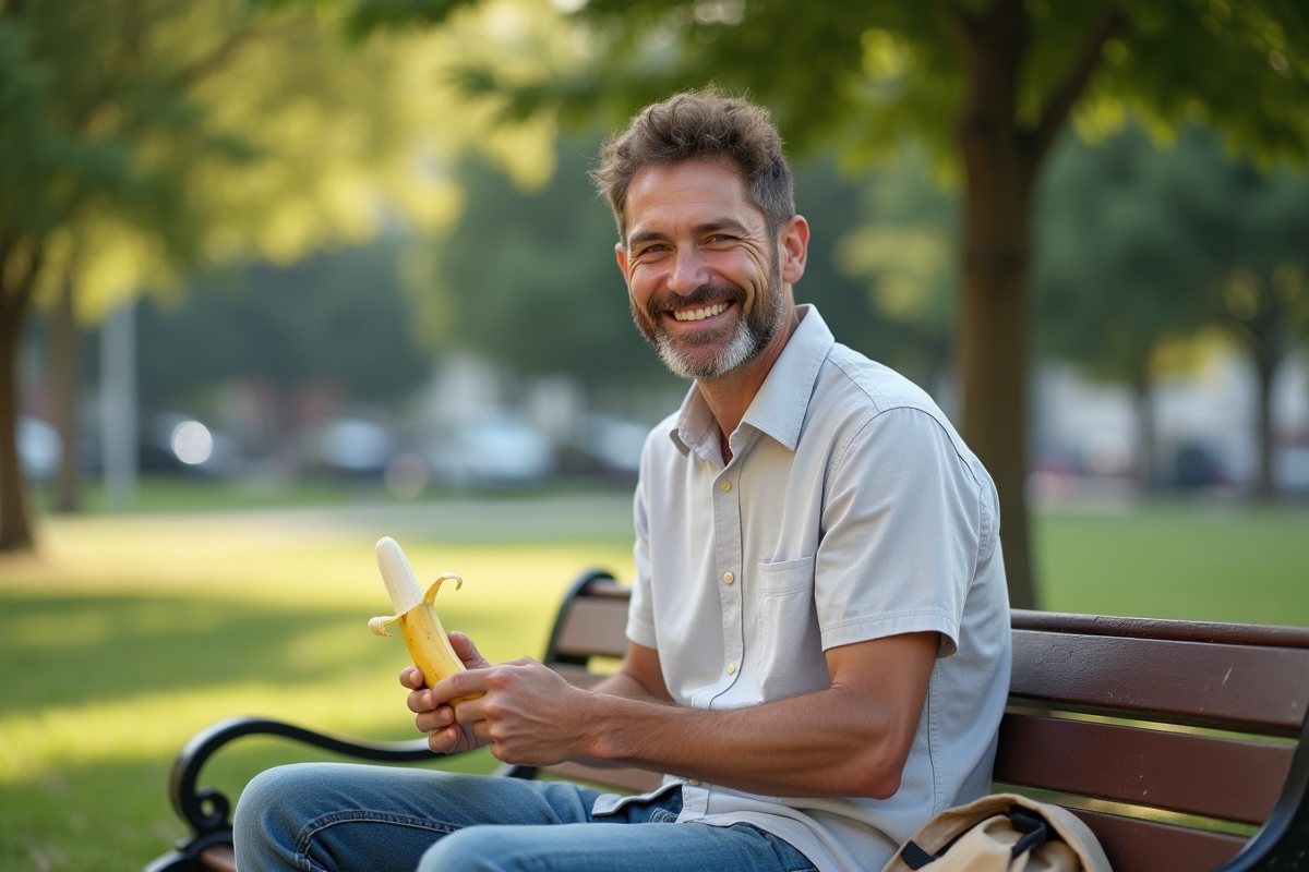 Homme souriant en plein air en train d’éplucher une banane