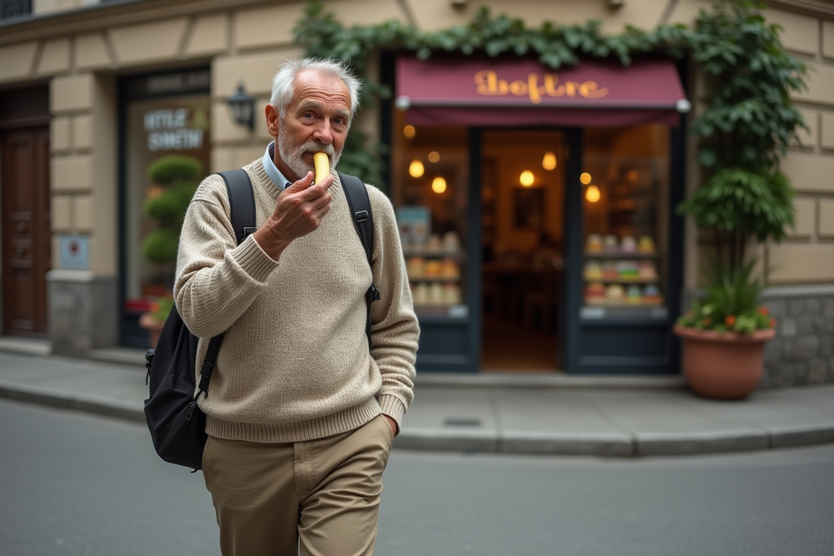 Homme âgé dégustant une banane dans une rue urbaine