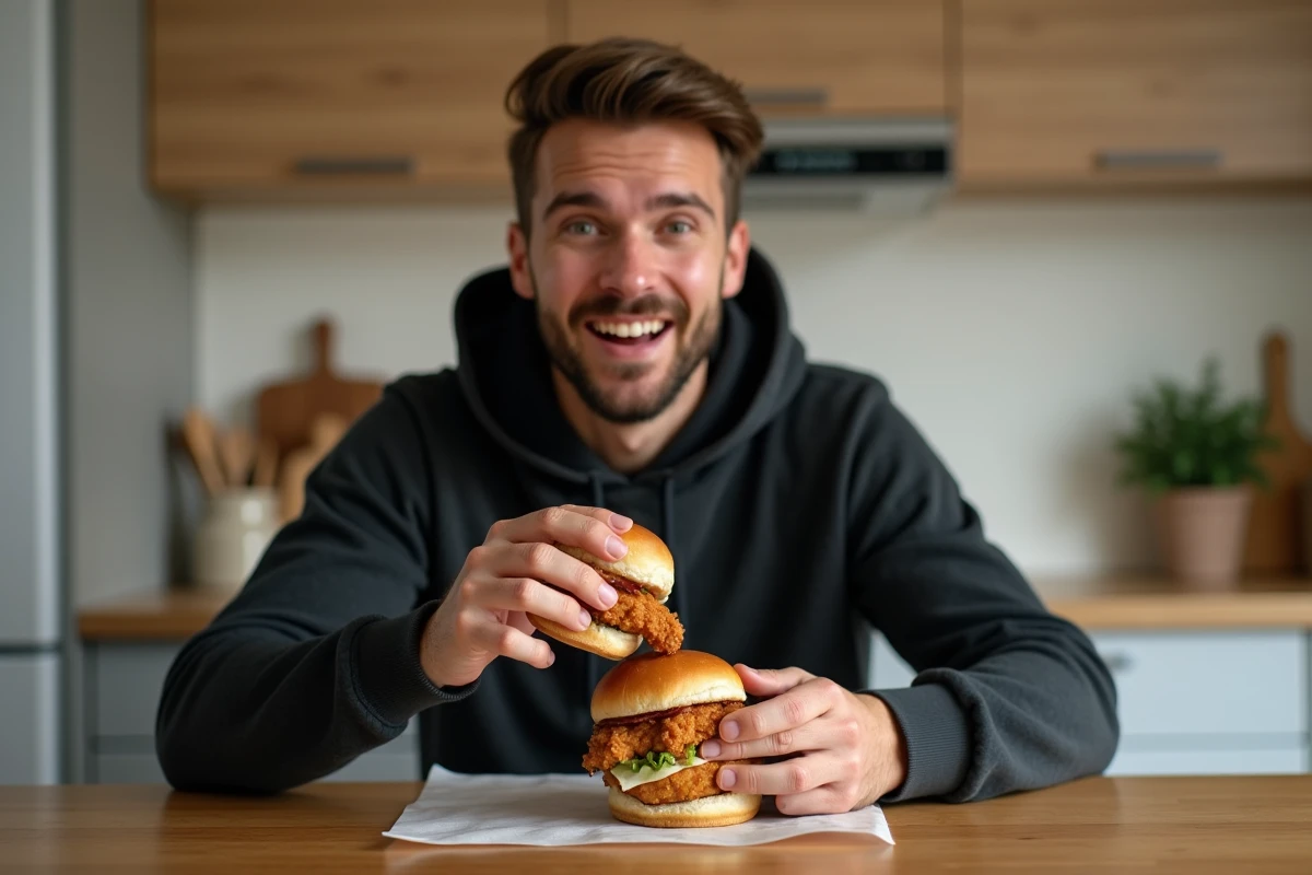 Homme décontracté mangeant un sandwich croustillant