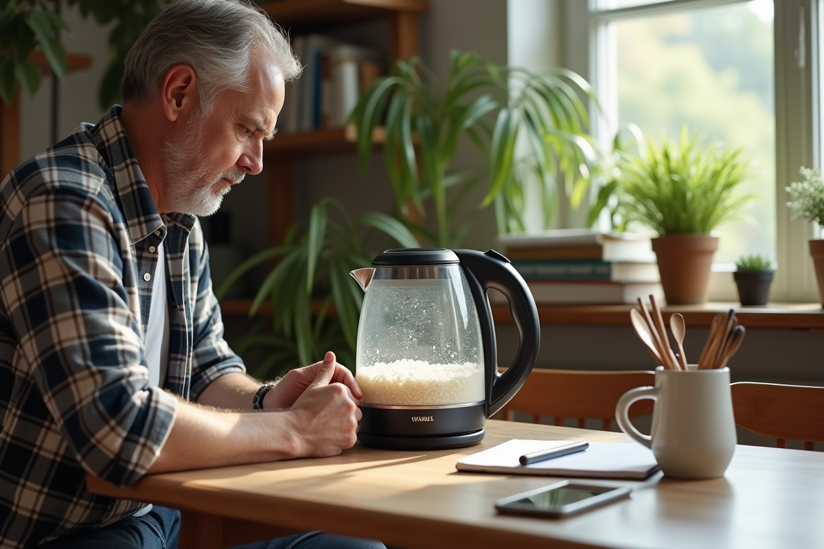 Homme regardant le riz mijoter dans une bouilloire électrique