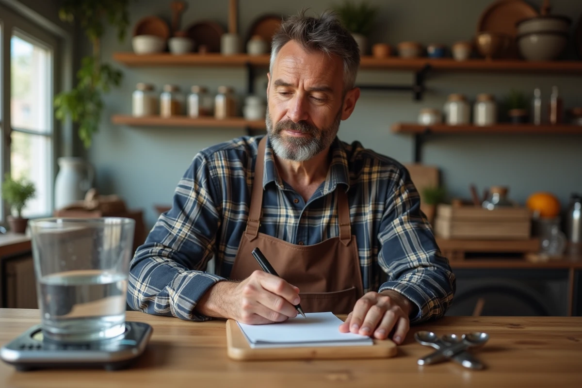 Homme prenant des notes avec outils de cuisine