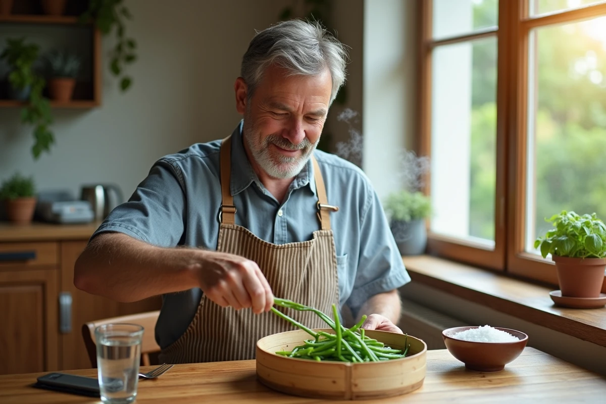 Homme en tablier disposant des haricots verts dans une assiette rustique