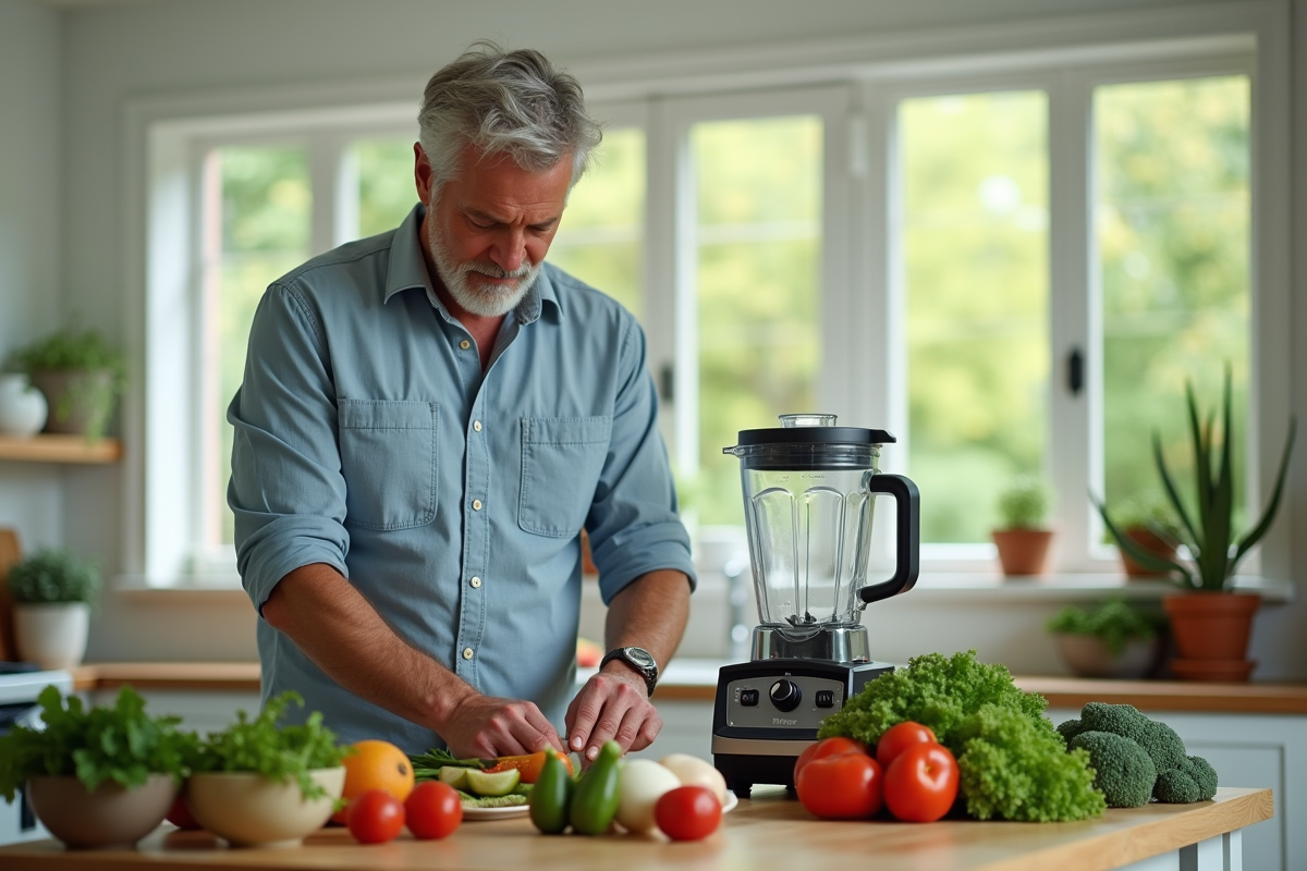 Homme préparant des légumes frais dans la cuisine lumineuse